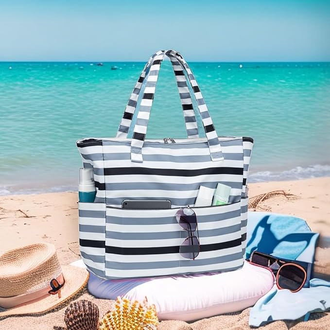LEDAOU Beach Bag Waterproof Sandproof Women Tote Bag Pool Bag with Zipper for Gym Grocery Travel with Wet Pocket