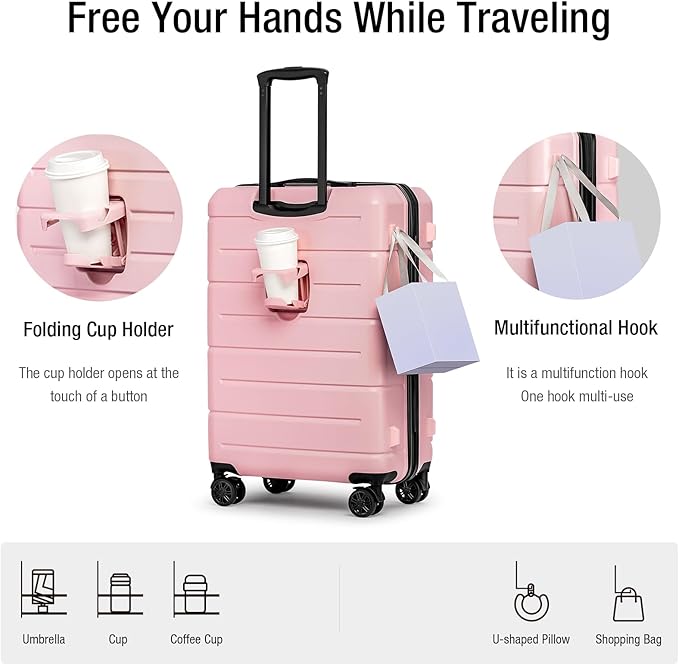 KYME 26 Inch Luggage TSA Approved Hardshell 26" Suitcases with Spinner Wheels Durable Medium Travel Checked Luggage with Cup Holder for Women Men Pink