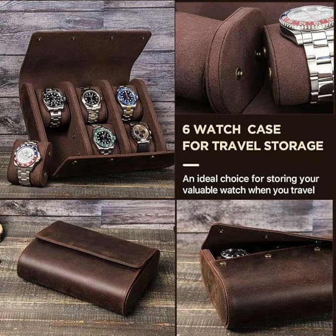 Genuine Leather Watch Roll Travel Case,Vintage Full Grain Leather Watch Box with Pillow for Men,Watch Storage Organizer for Home Storage,Travel Watch Organizer Box (6 Slots)