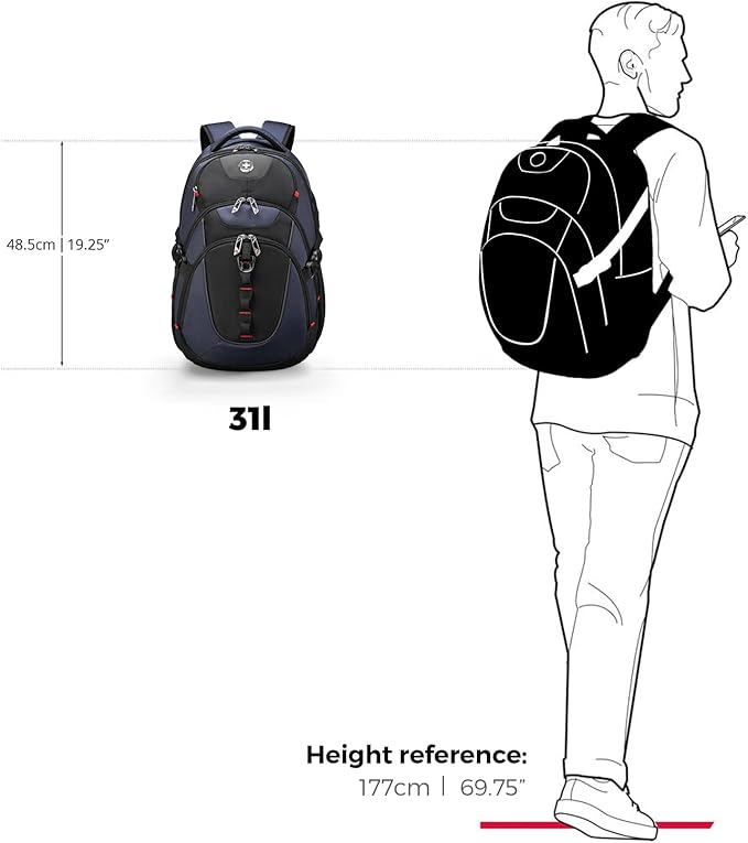 Swissdigital Design Laptop Backpack with USB Charging Port, TSA Travel Backpack Fits 15.6 inches Computer, 31L College School Backpack for Men, Blue/Black | SD803