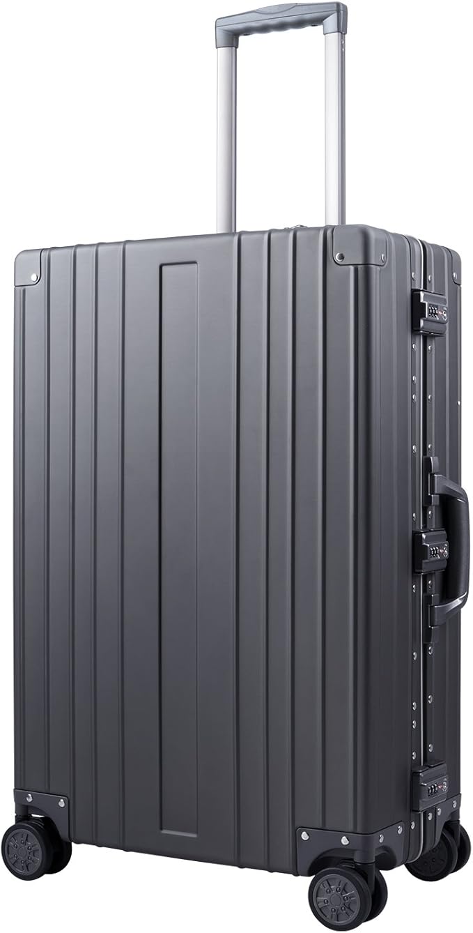 TRAVELKING All Aluminum Luggage Zipperless Hard Shell Luggage Case with TSA Lock Spinner Alloy Metal Suitcase (Grey, 24")
