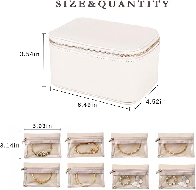 Jewelry Box Organizer for Women,Small Travel Jewelry Case,Mini Travel Jewelry Organizer with 8 Velvet Jewelry Zipper Pouches, Jewelry Box Organizer for Teacher Gifts Wedding Gifts(Off White)