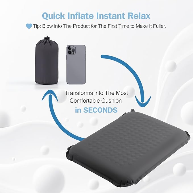 Self-Inflating Airplane Seat Cushion for Long Flights – Portable Travel Cushion Airplane Seat - Memory Foam Travel Seat Cushion Providing Pressure Relief and Premium Comfort (Grey)