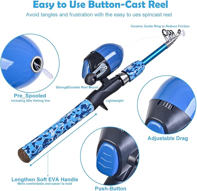 CODEK Kids Fishing Pole Set with Full Starter Kits 2 Set Portable Telescopic Fishing Rod and Reel Cambos for Boys Girls Toddler Youth Age Beginner Little Children Junior Anglers