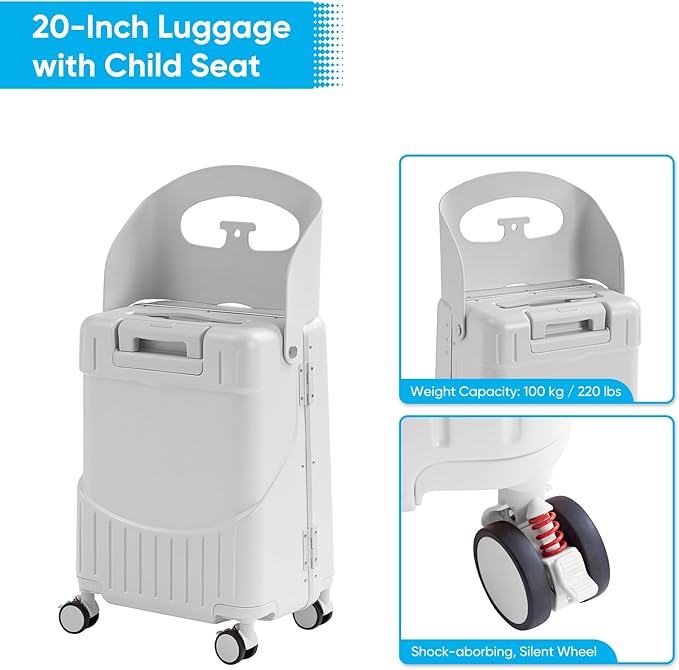 TABU 20" Ride-on Luggage with Seat For Kids & Adults，Carry On Hardshell Ride On Suitcase with 360° Lockable Spinner and TSA Lock, White