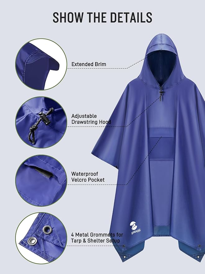 SaphiRose Extra Thick Hooded Rain Poncho Double Layer Waterproof Raincoat Jacket for Men Women Adults