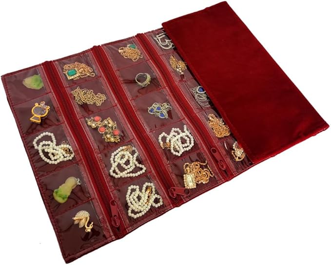 Travel Jewelry Roll Bag Portable Organizer Pouch With Grids&PVC Cover Storage Bags for Necklace, Bracelet, Bracelet,Ring, Badge, Pendant