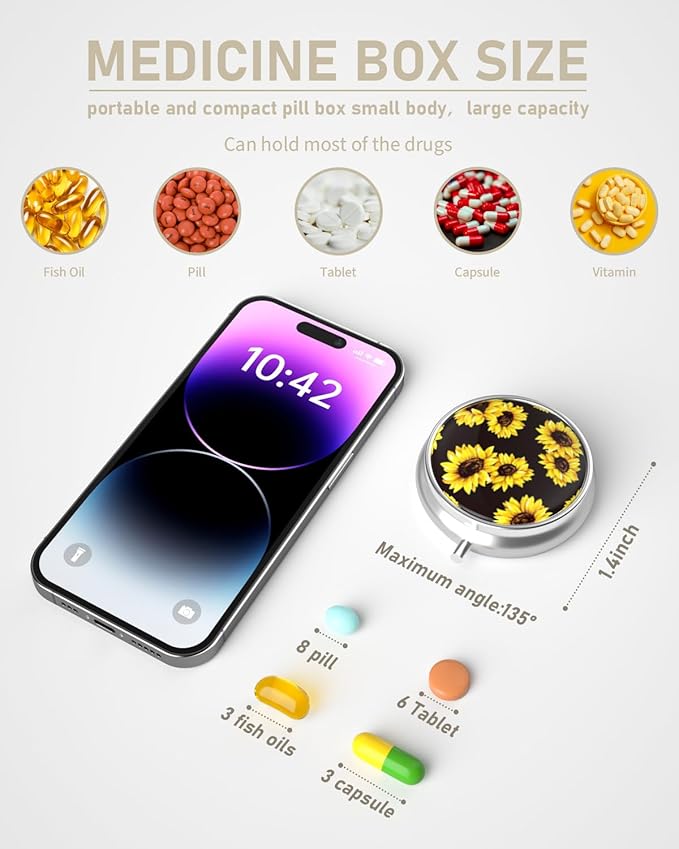 Pill Box, 3 Compartment Portable Travel Medicine Box with Mirror, Compact and Cute, Fits in Purse and Pocket, Medicine and Vitamin Organizer (Sunflowers)