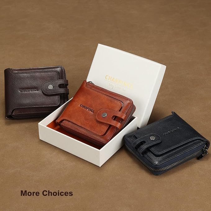 Men's brand buckle driver's license zipper genuine leather wallet, large capacity, multifunctional coin pocket (Yellowish brown)