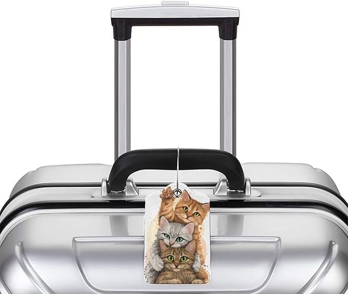 2 Pack Luggage Tags for suitcases Cute Funny cat Luggage Tag, Leather Stainless Steel Loop Label Tag for Men Women Travel Bag Suitcase（2 cat）