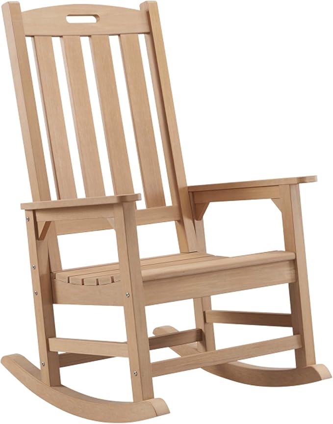 Psilvam Oversized Outdoor Rocking Chair, with 21" Wide Seat and 32" Tall Backrest, Pre-Assembled with Most Components for Effortless Installation (Teak Color)