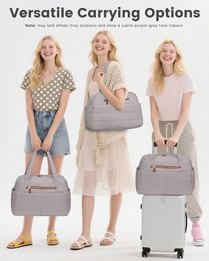 Travel Duffle Bag,Puffer Carry On Duffel Bag with Laptop Compartment Waterproof Overnight Weekender Bags for Women Large Hospital Tote Bags for Labor and Delivery(Medium,Khaki Gray）