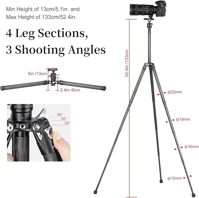 TT2340CE 4-Sections Carbon Fiber Travel Tripod for Ipad, Phone, DSLR Camera, Ideal for vlog Photography, Compact Travel Tripod Lightweight, Small and Short, with 25mm Ball Head