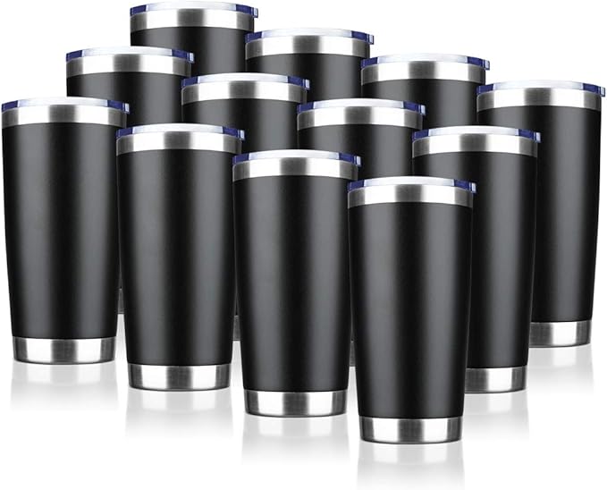 20oz Tumbler Bulk Stainless Steel Vacuum Insulated Tumblers with Lid Double Wall Travel Mug, Durable Powder Coated Coffee Cup, Suitable for Ice Drinks and Hot Beverage (Black 12pack)