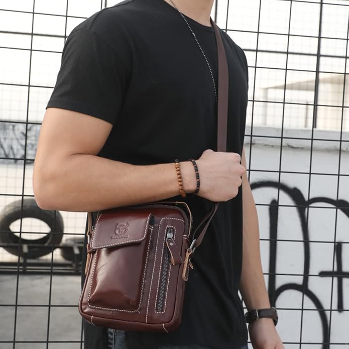 KPYWZER Genuine Leather Shoulder Bag Small Men Messenger Pack Handbag Sling Crossbody Bag Man Purse for Business