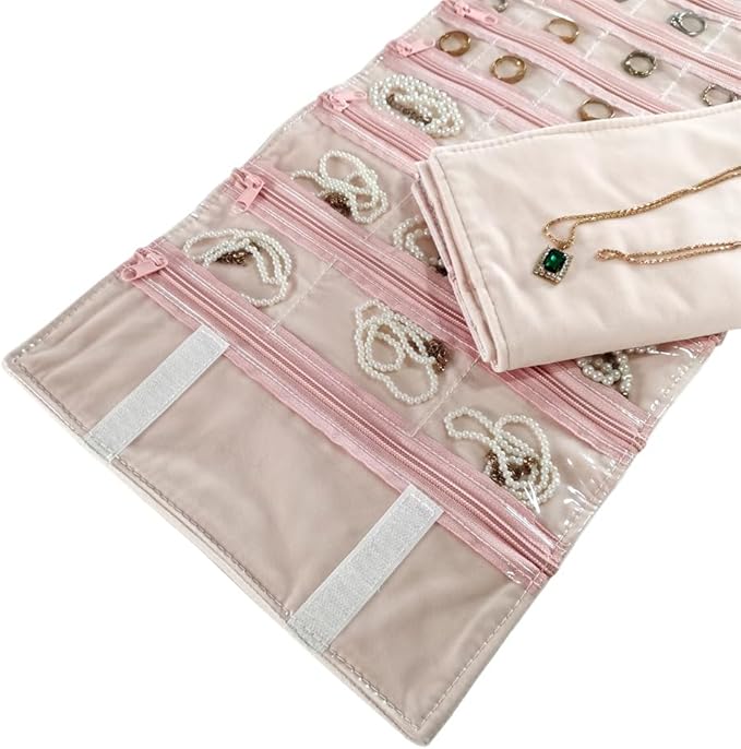 Travel Jewelry Roll Bag Portable Organizer Pouch With Grids&PVC Cover Storage Bags for Necklace, Bracelet, Bracelet,Ring, Badge, Pendant