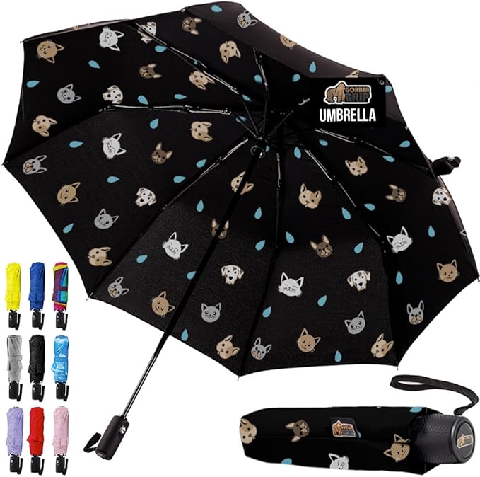 GORILLA GRIP Strong Stick Umbrella for Rain, Compact Travel One-Click Automatic Open Close, Lightweight, Portable, US Designed Reinforced Fiberglass Ribs, Wind Resistant, Easy Collapse, Cats Dogs