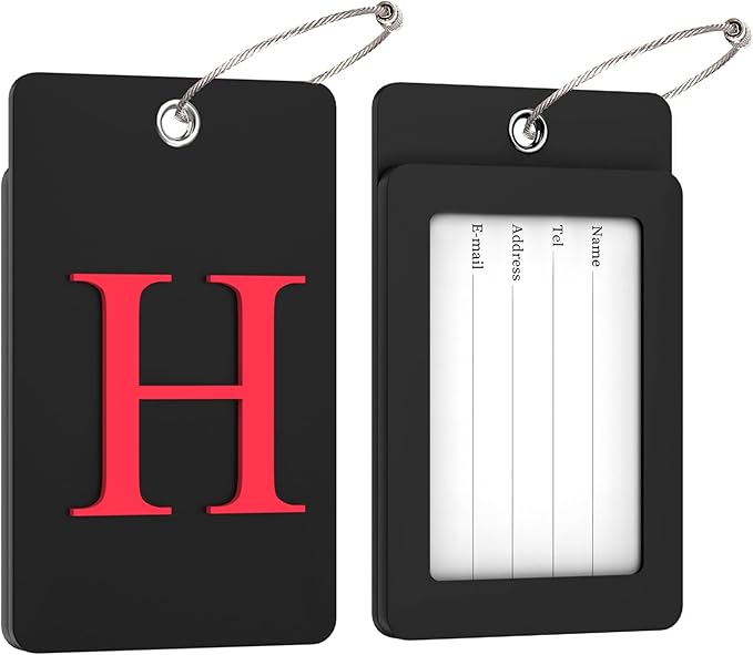 Gostwo 2 Pack Luggage Tags for Suitcases, 26 Initial Letter Travel Luggage Baggage Identification Labels ID Tag Fully Bendable Tags with Stainless Steel Loop (Black) (Letter H)