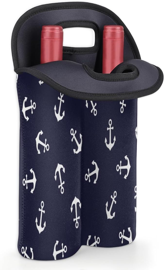Nautical Anchors 2 Bottle Wine Carrier Tote Bag Insulated Wine Bottles Neoprene Bag with Secure Carry Handle Portable Wine Cooler Bag for Travel Picnic Beach