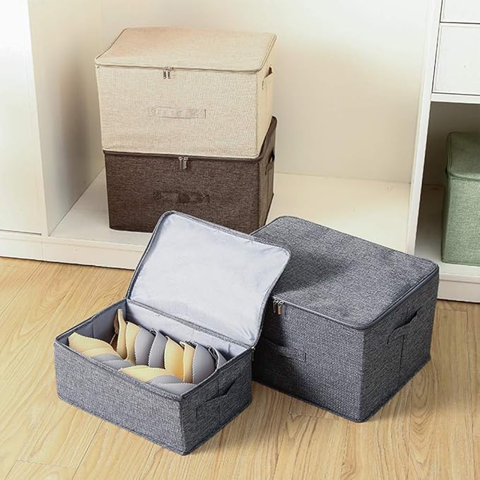 ANMINY 3PCS Storage Bins with Zipper Lids 13 Qt Lidded Fabric Storage Boxes Baskets Cubes with Handles Collapsible Washable Cotton Linen Closet Shelf Clothes Organizer Containers - Gray, Small