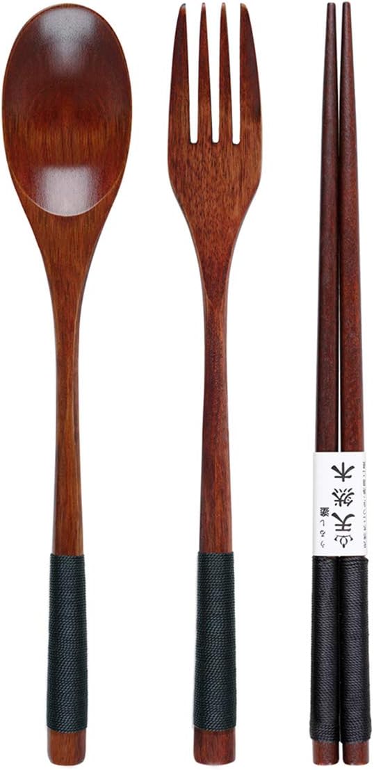 Wooden Chopsticks Spoon Fork Set Japanese Style Tableware Travel Utensils with Pouch for Camping,Picnic,Office or Home (Style A)
