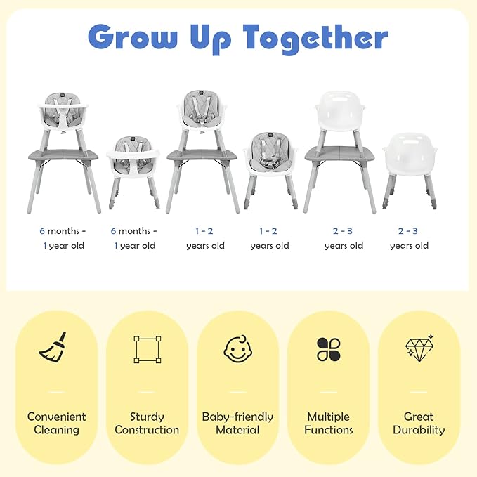 HONEY JOY 5-in-1 High Chair, Convertible Highchair for Babies and Toddlers/Kids Chair Table Set/Infant Feeding Chair w/Safety Harness, PU Leather Cushion & Removable Food Tray (Gray)