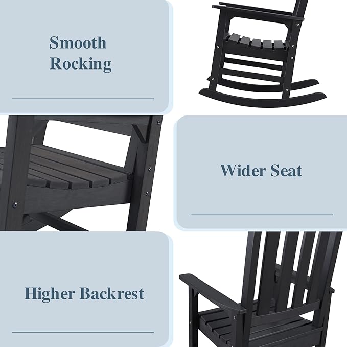 Psilvam Oversized Outdoor Rocking Chair Set of 2, Porch Rocker with 21" Wide Seat and 32" Tall Backrest, Pre-Assembled with Most Components for Effortless Installation (Carbon Black)