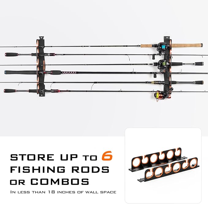 KastKing SafeGuard Fishing Rod Holder for Garage, Wall or Ceiling Mounted Fishing Rod Rack Storage Organizer, Fishing Pole Holder Holds 6 Rods or Combos in Less Than 18 Inches