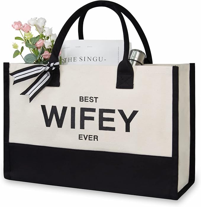 TOPDesign Embroidery Canvas Tote Bag for Women, Gifts for Wife from Husband, Personalized Anniversary Wife's Birthday or Valentine's Day Present, Ideal for Wedding, Beach, Holiday