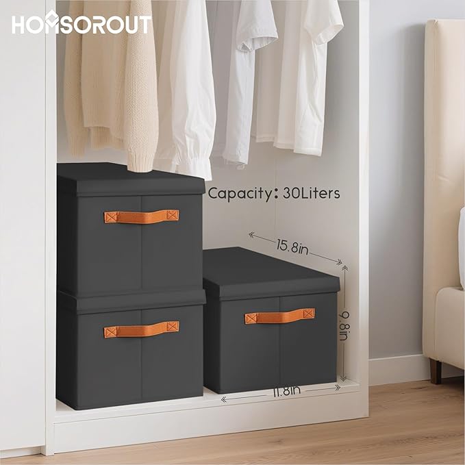 Storage Bins with Lids - Large Fabric Closet Bins with Lid, 8 Pack Clothes Organizers and Storage, Collapsible Stackable Cube Basket for Home, Office, Dorm, Black
