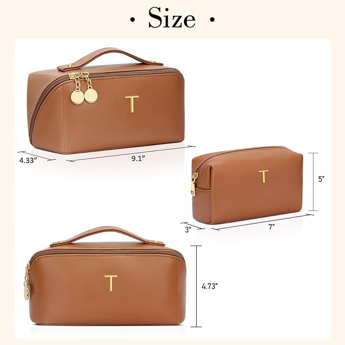 Birthday Gifts for Women Teen Girl, Personalized Initial Makeup Organizer Bag Set, Open Flat Travel Cosmetic Bag With Clear Divider and Handle(Brown,T)