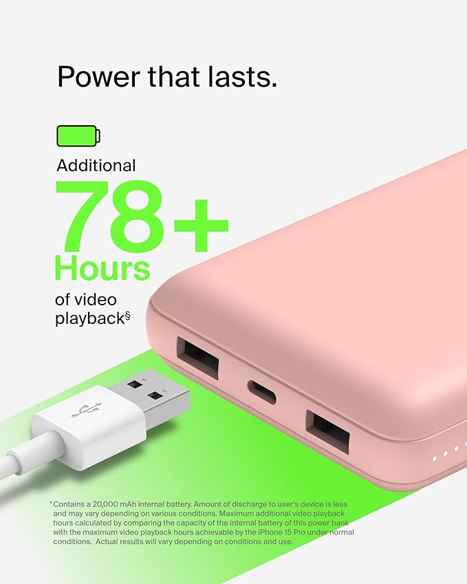 Belkin Portable Charger, USB C Power Bank 20000 mAh w/ 1xUSB-C Port & 2xUSB-A Ports, 15W w/ Type-A to Type-C Cable for iPhone 16, Plus, Pro, Max, Samsung Galaxy S25, Google Pixel 10, etc. - Rose Gold