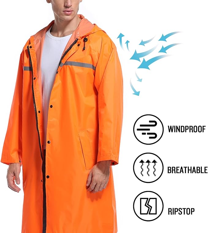 Mens Long Hooded Safety Rain Jacket Waterproof Emergency Raincoat Poncho