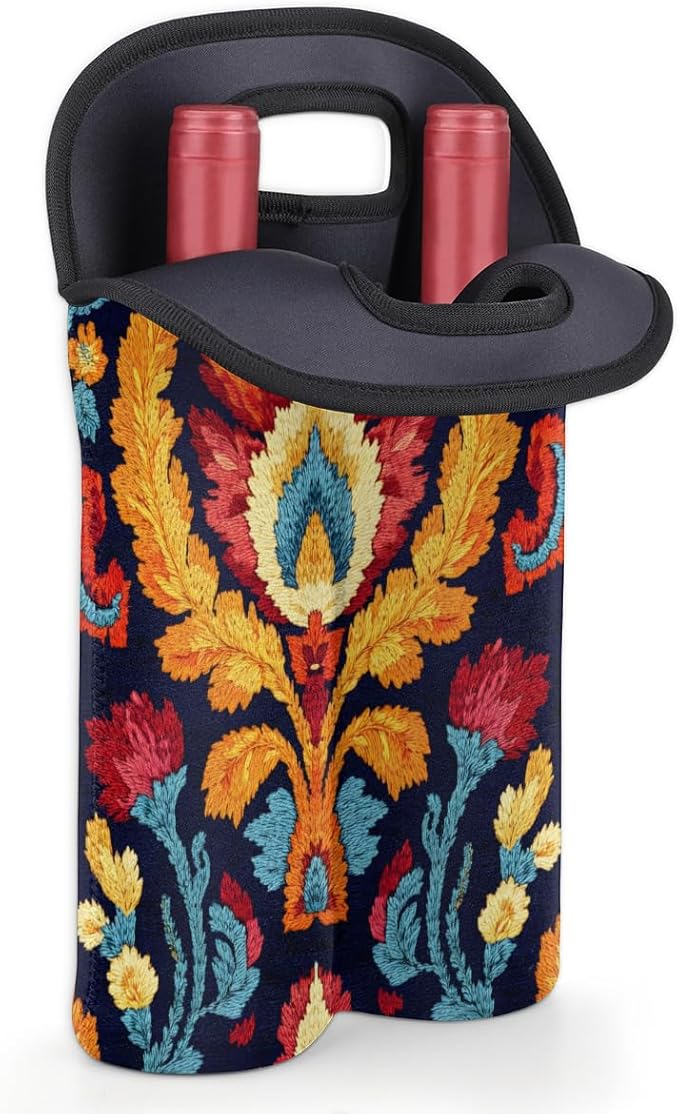 Neoprene Wine Tote, Bottle Carrier Gag Insulating Neoprene Thicker, Insulated Wine Bag for Travel Holds Two Bottles, Bottle Carrier Bags Protect the Bottles, Colorful Totem