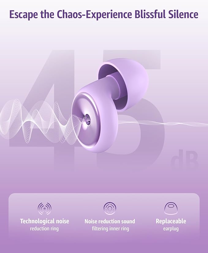 Ear Plugs for Sleeping Noise Cancelling Earbuds:45db Loop Earplugs for Concerts/Shooting/Travel/Snoring Silicone Hearing Protection Sleep Ear Plugs with Reusable 8 Ear Tips （Purple）