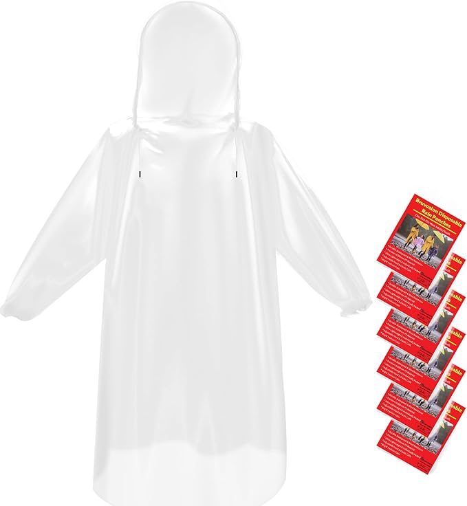 Bruvoalon 6 & 20 Pack Disposable Rain Ponchos for Adults/Youth, Waterproof PE Raincoats with Drawstring, Camping/Emergency