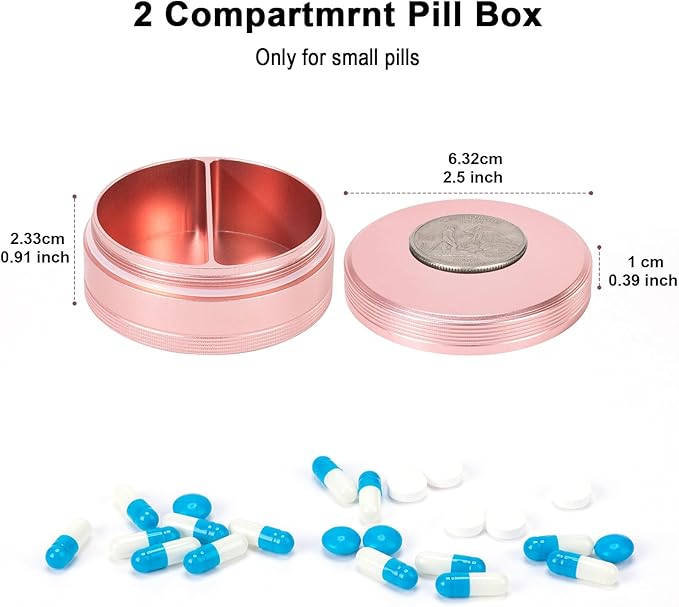 Metal Pill Case 2 Compartment - Waterproof Pill Box for Daily Travel, Pocket Purse Pill Container Holder Compact Medicine Organizer for Vitamins Fish Oils Medication