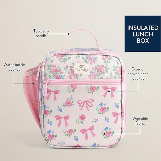 Itzy Ritzy Toddler Lunch Box - Kids Lunch Bag is Insulated and Includes Water Bottle Holder Plus 2 Pockets - Durable, Easy to Clean Lunch Box Toddler Bag (Ribbons & Roses)