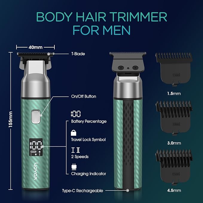 VOYOR Body Hair Trimmer for Men,Electric Razor,Versatile Groin & Body Trimmer,Waterproof and Cordless Shaver,Manscaper for Men,USB-C Charging Groomer,Ceramic Blade Razor Male Grooming HT310 (Green)