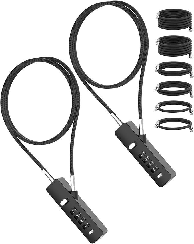 Combination Lock, 4-Digit Steel Cable Locks with Code, Locks for Lockers with 3 Lengths Cables for Bikes, File Cabinets, Wardrobes, Small Fences, Refrigerator Door (Black-2pcs)