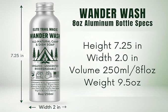 Wander Wash -Biodegradable Camp & Dish Soap Unscented | Made in USA | Organic All-Purpose Camping Gel Soap for Dishes, Hands & Gear – Eco-Friendly Reusable Aluminum Bottle | (8oz) (8floz/250ml)