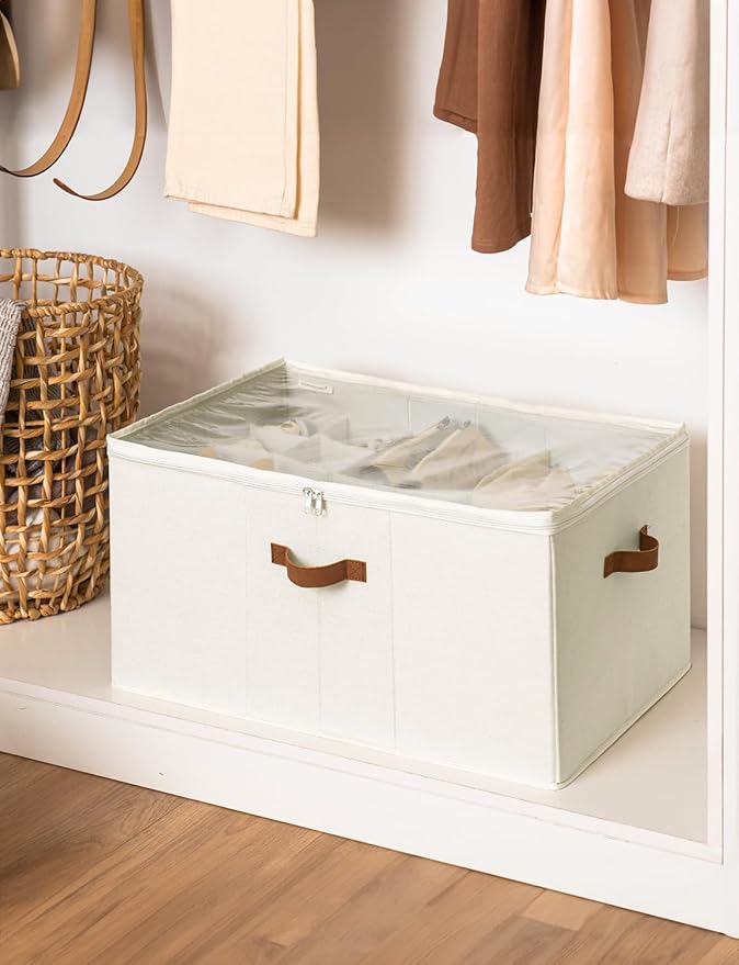 StorageWorks Shoe Organizer for Closet, Fits up to 24 Pairs, Shoe Cubby Storage Containers with Adjustable Dividers and Clear Cover, Beige