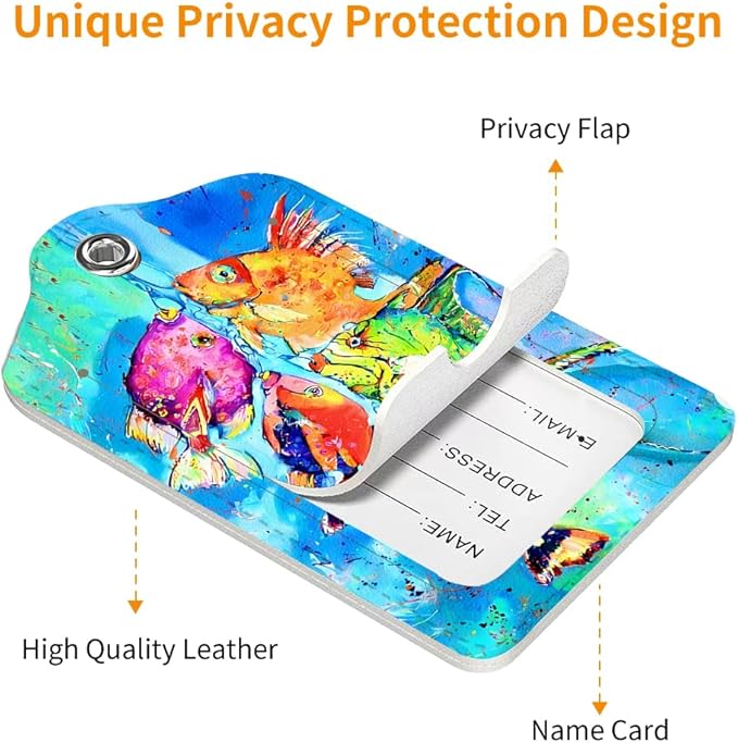 2 Pack Luggage Tag for Suitcase, Cute Unique Leather Bag Tags Identifiers Privacy Cover ID Label with Durable Steel Loop for Women Men Kids Girls Travel，Fish