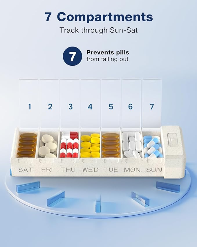 HEIYING 7 Days Pill Organizer with Aluminum Shell for One Week Capacity, Portable Metal Pill Case to Hold Vitamin, Medicine, Supplements