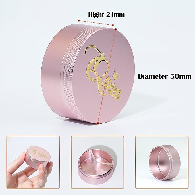 Small Pill Case 3 Compartments, Metal Round Portable Pill Box, Waterproof Travel Pill Organizer, Pocket Purse Medicine Vitamin Holder EDC Container (Rose Gold with Queen)