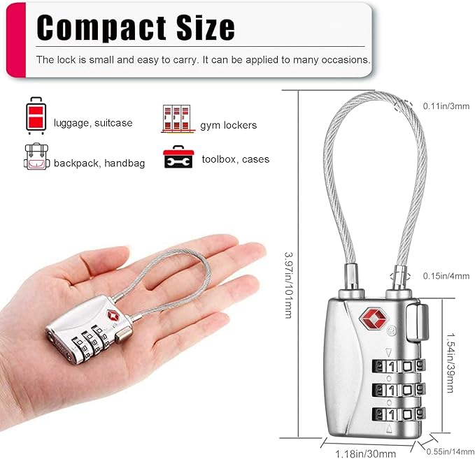 ZHEGE TSA Lock for Luggage 3 Digit Combination Cable Lock with Alloy Body for Suitcase, Baggage, Backpack, Pistol Case (Silver)