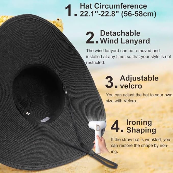 DRESHOW Beach Hats for Women Big Straw Wide Brim Summer Hat Floppy Foldable Roll up Cap Sun Hat UPF 50+