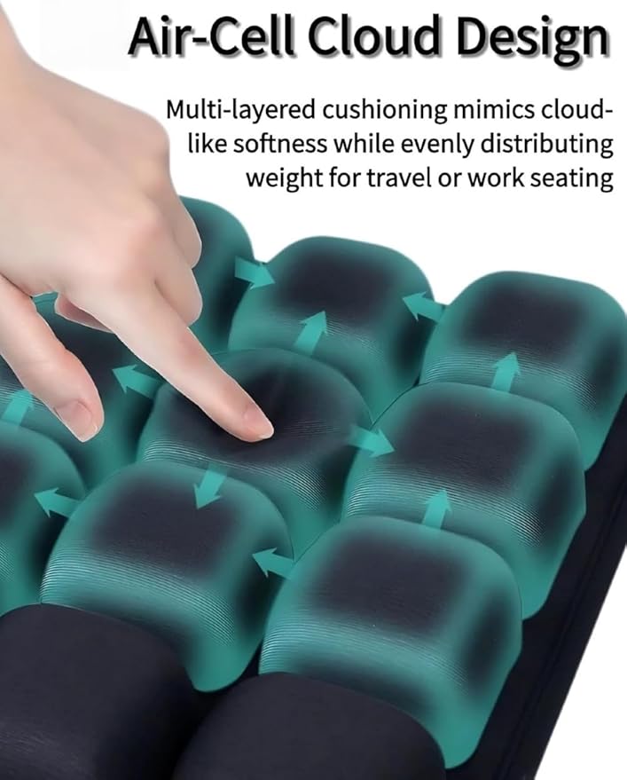 Travel Cushion Airplane Seat,Inflatable Air Bubble Design with Storage Bag for Car/Office/Kitchen Chairs.42 Air Cells, Adjustable Firmness, Non-Slip Bottom