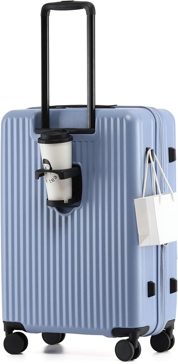 24 Inch Top Opening Checked Travel Luggage Expandable with Spinner Wheels,All PC Hard Shell Hardside Lightweight Medium Suitcase with TSA Approved Cup Holder for Business Trips Woman Men,Blue