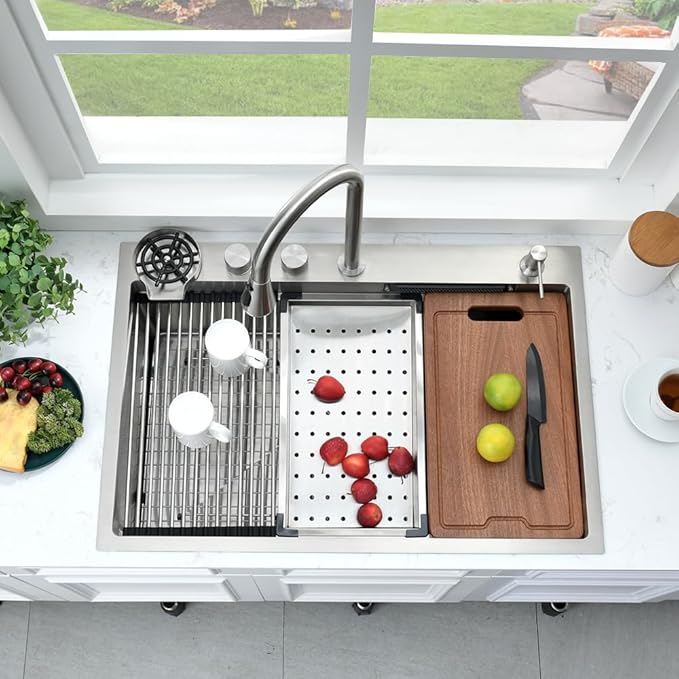 33 Inch Waterfall Drop In Kitchen Sink with Fuacet Combo-Bokaiya 33x22 Waterfall Kitchen Sink with Cup Washer Stainess Steel Top Mount 16 Gauge Multifunctional Deep Single Bowl Modern Kitchen Sinks